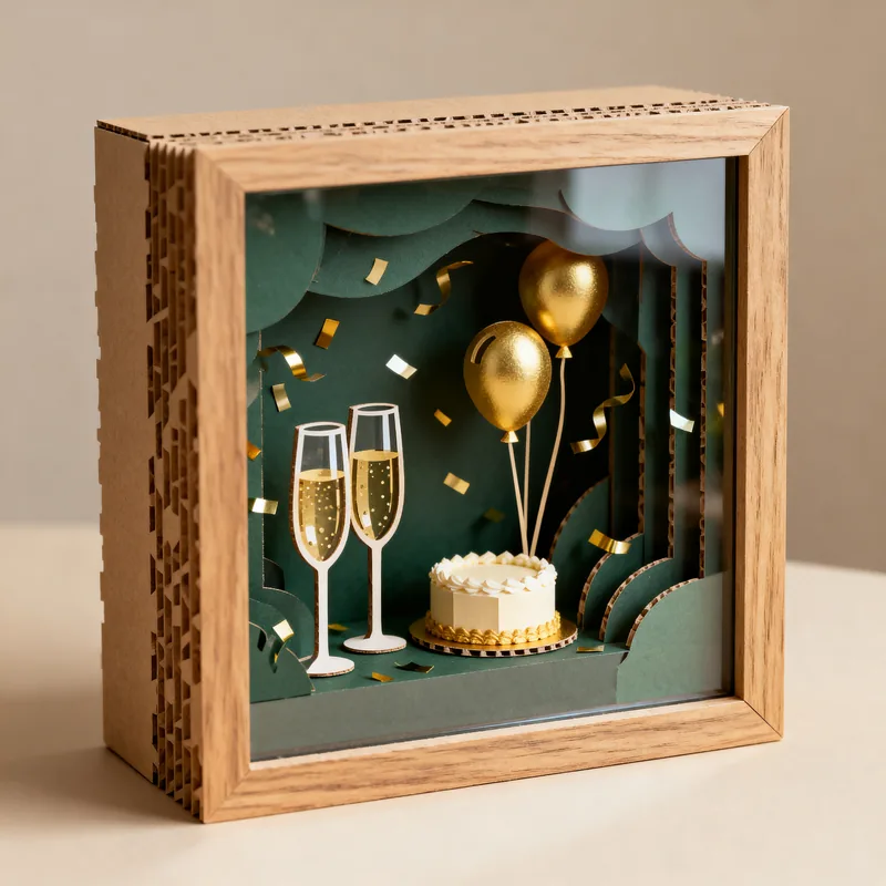 Ideia de quadro 3D de aniversário adulto, com taças de espumante, balões dourados e bolo em camadas de papel