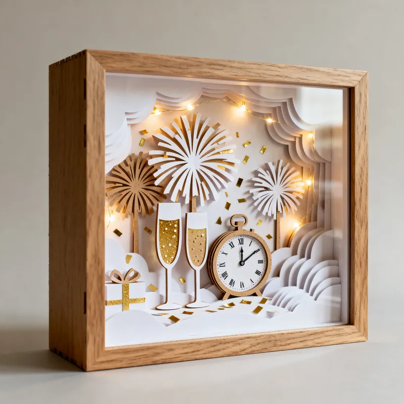 Ideia de quadro 3D de ano-novo, com fogos de artifício, taças, relógio e luzinhas