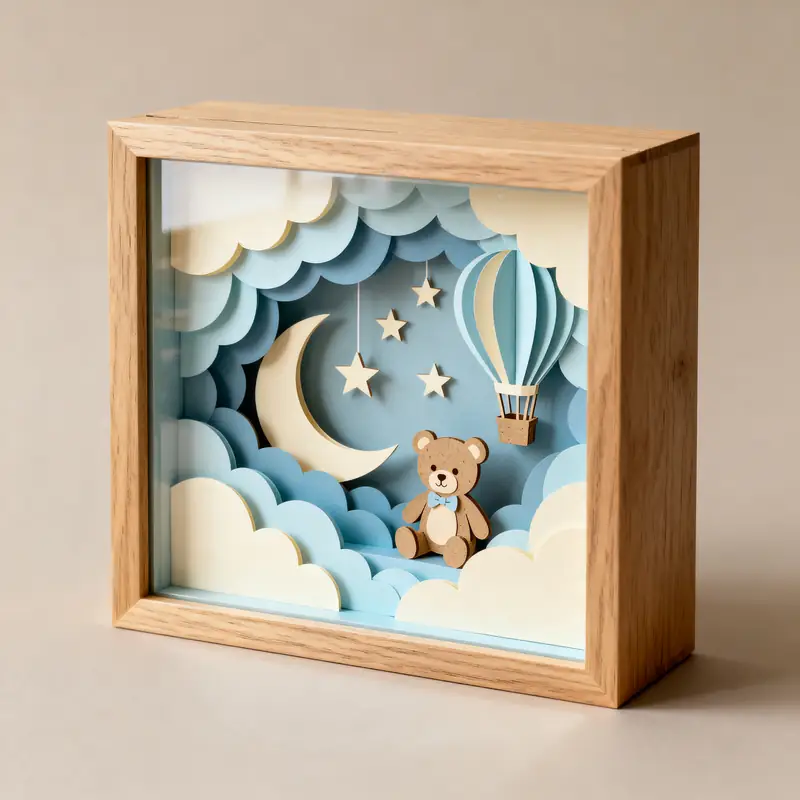 Ideia de quadro 3D para quarto de bebê, com lua, nuvens, balão e ursinho