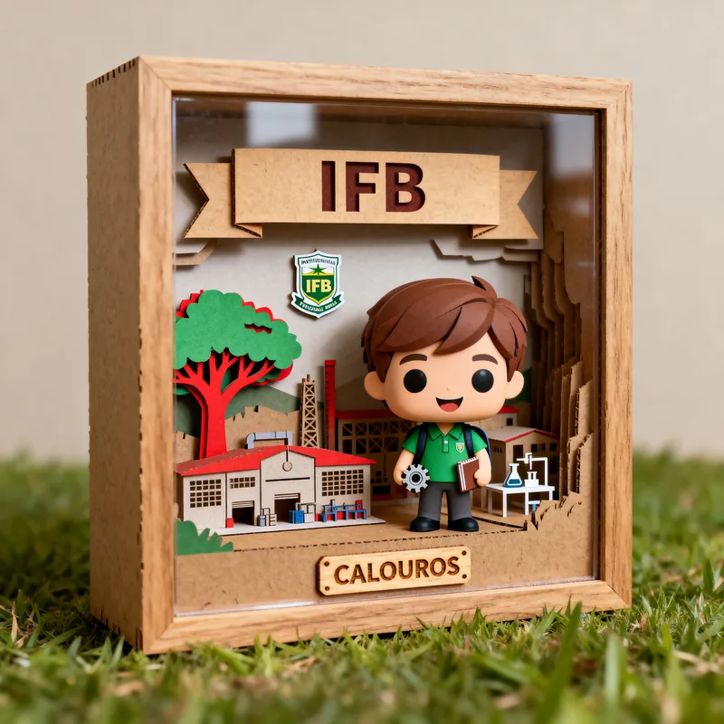 Ideia de quadro 3D para calouro do IFB, com boneco estudante, campus, árvore e placa “Calouros”