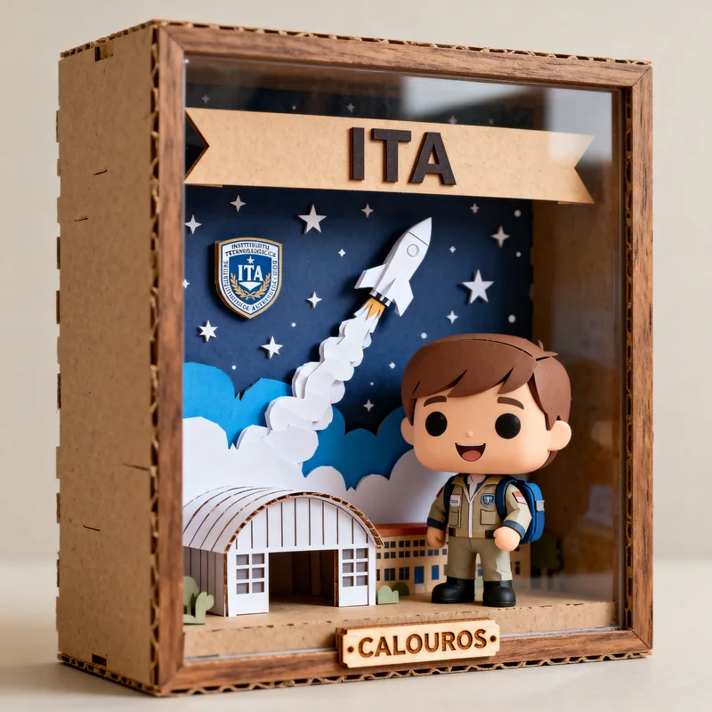 Ideia de quadro 3D para calouro do ITA, com boneco estudante, foguete e placa “Calouros”