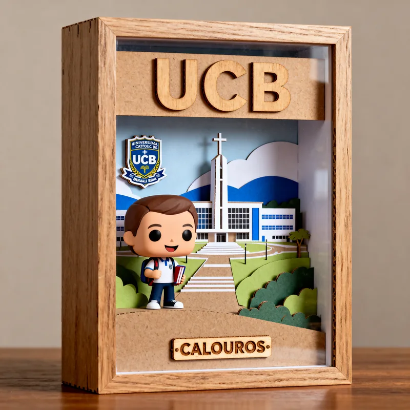 Ideia de quadro 3D para calouro da UCB, com boneco estudante, igreja e placa “Calouros”