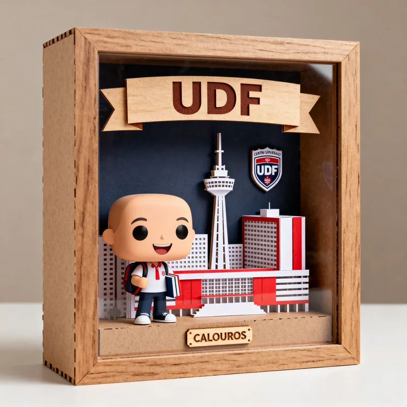 Ideia de quadro 3D para calouro do UDF, com boneco estudante, torre e placa “Calouros”