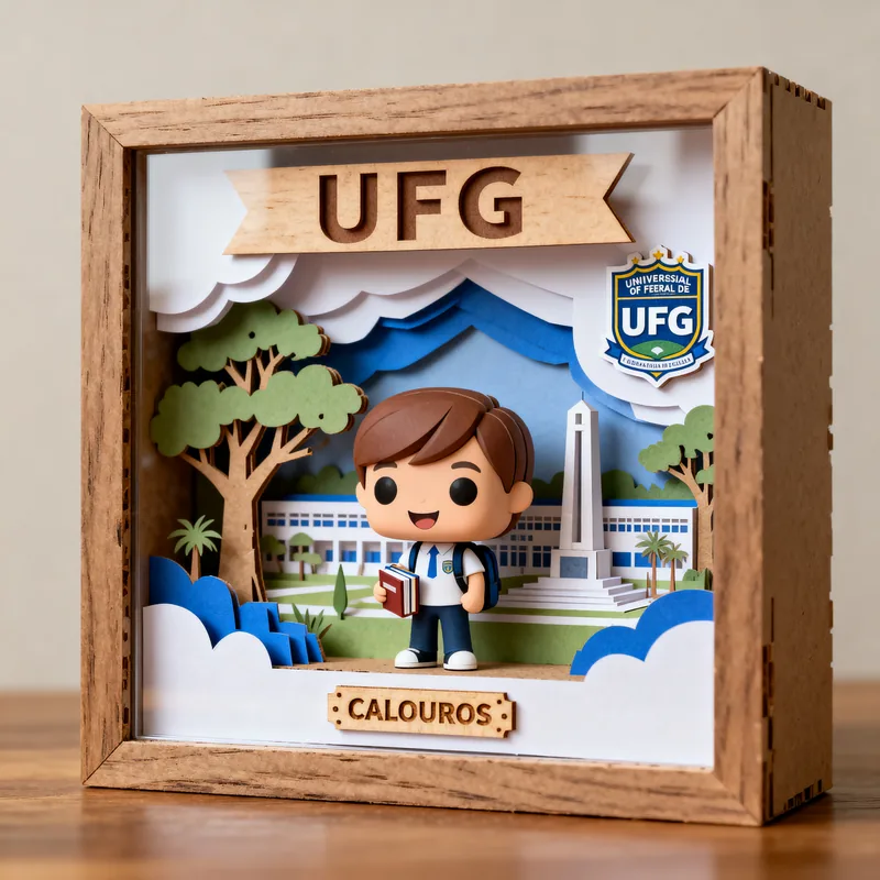 Ideia de quadro 3D para calouro da UFG, com boneco estudante, árvores e placa “Calouros”