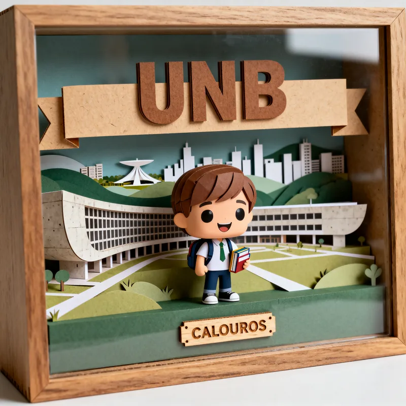 Ideia de quadro 3D para calouro da UnB, com boneco estudante, prédio da universidade e placa “Calouros”
