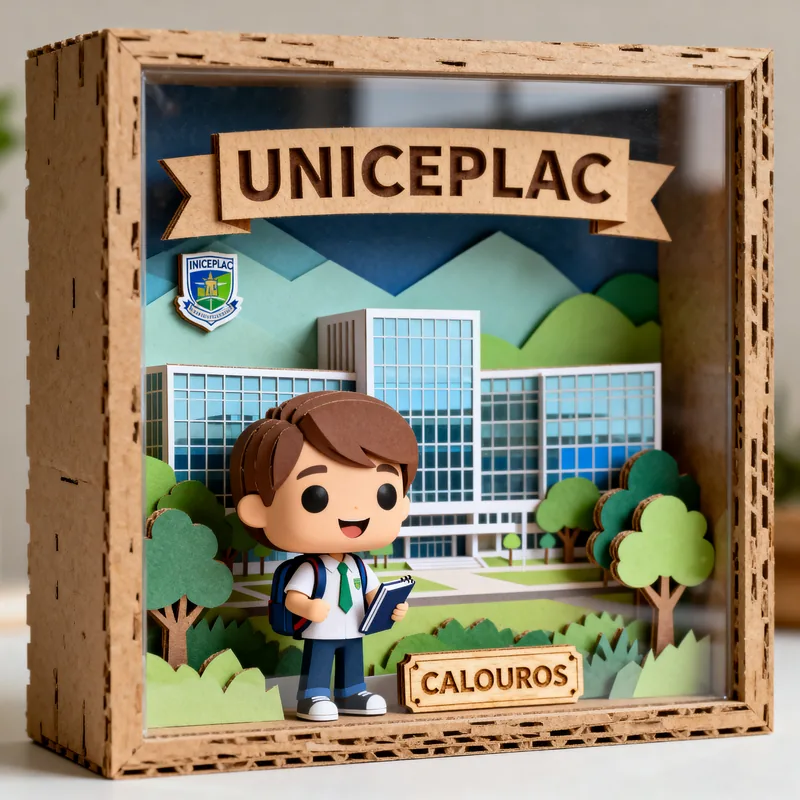 Ideia de quadro 3D para calouro da Uniceplac, com boneco estudante, campus e placa “Calouros”