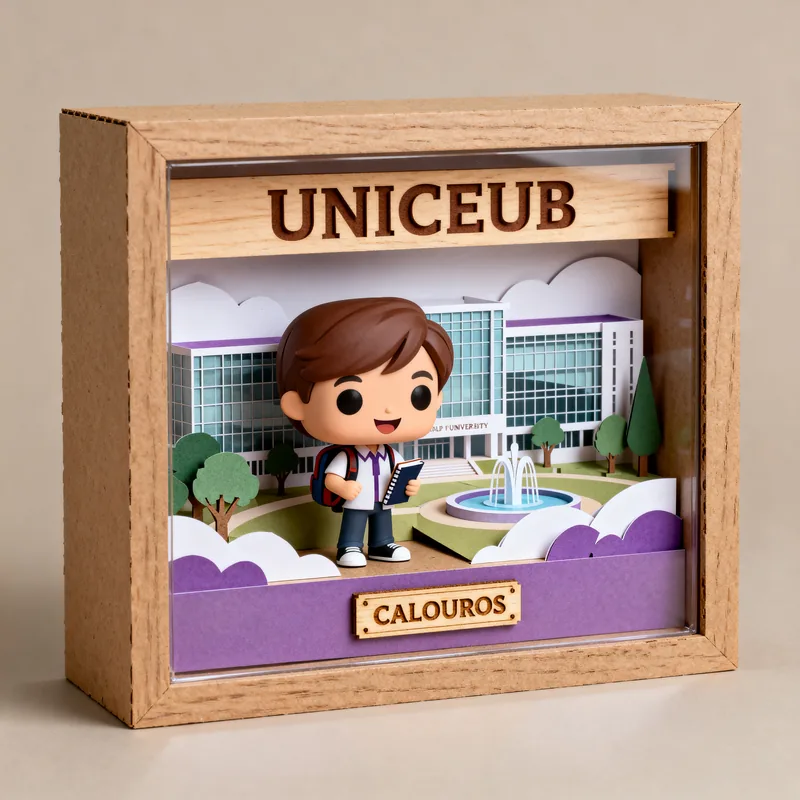 Ideia de quadro 3D para calouro do UniCEUB, com boneco estudante, campus e placa “Calouros”