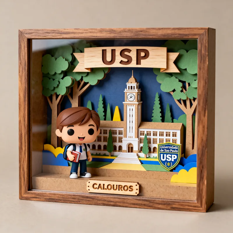 Ideia de quadro 3D para calouro da USP, com boneco estudante, torre do relógio e placa “Calouros”