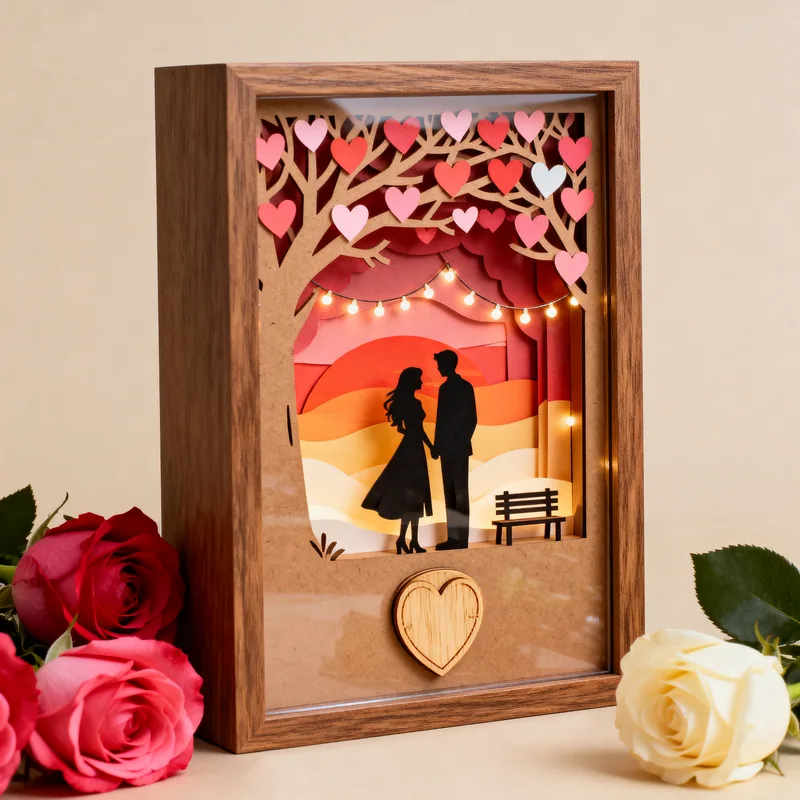 Ideia de quadro 3D para namorados, com a silhueta de um casal, árvore de corações e pôr do sol