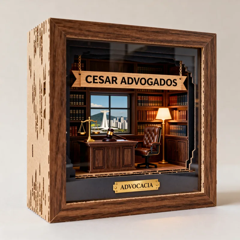 Ideia de quadro 3D para escritório de advocacia, com mesa de madeira, poltrona, estante de livros e faixa com o nome