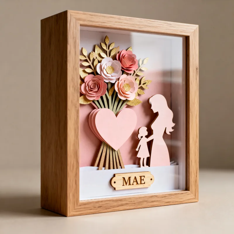 Ideia de quadro 3D para o Dia das Mães, com buquê de flores, coração e silhueta de mãe e filha