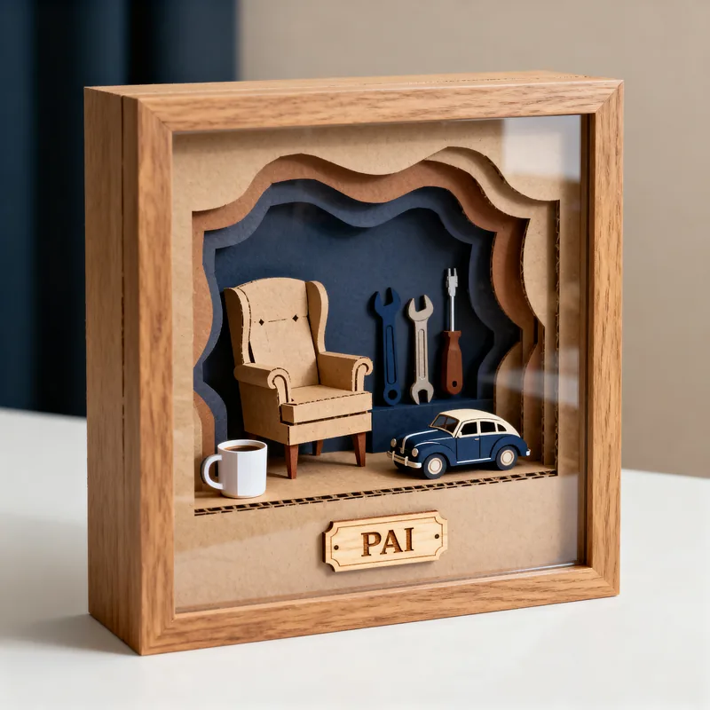 Ideia de quadro 3D para o Dia dos Pais, com poltrona, caneca, ferramentas e carrinho