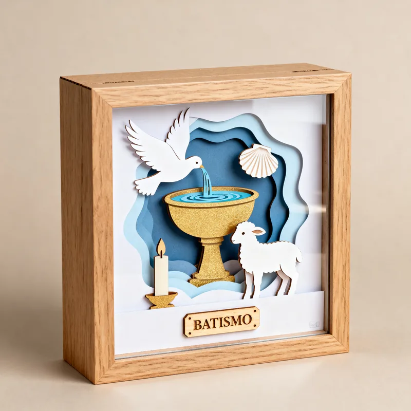 Ideia de quadro 3D de batismo, com pomba, pia batismal, cordeiro, vela e placa “Batismo”