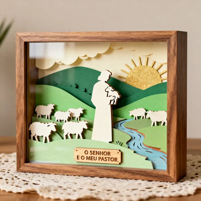 Ideia de quadro 3D com o Bom Pastor, ovelhas, colinas e riacho, com a placa “O Senhor é o meu pastor”