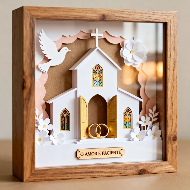 Ideia de quadro 3D de casamento cristão, com igreja branca, alianças, pomba, flores e placa “O amor é paciente”