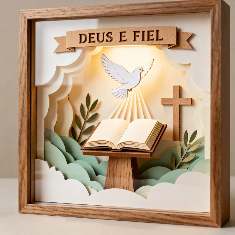 Ideia de quadro 3D com Bíblia aberta, pomba, cruz e a faixa “Deus é fiel”