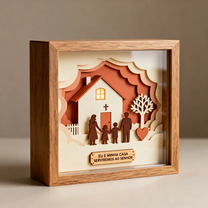 Ideia de quadro 3D com família diante da casa, coração e a placa “Eu e minha casa serviremos ao Senhor”