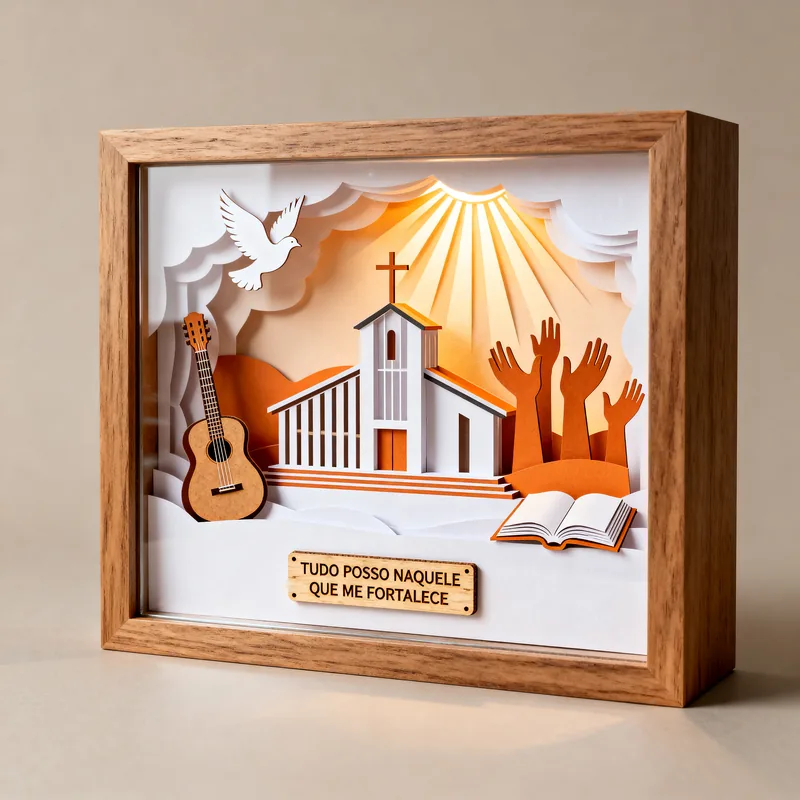 Ideia de quadro 3D de louvor, com violão, igreja, mãos erguidas e a placa “Tudo posso naquele que me fortalece”