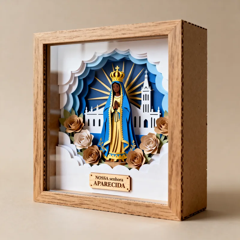 Ideia de quadro 3D com Nossa Senhora Aparecida, basílica, rosas e a placa com o nome