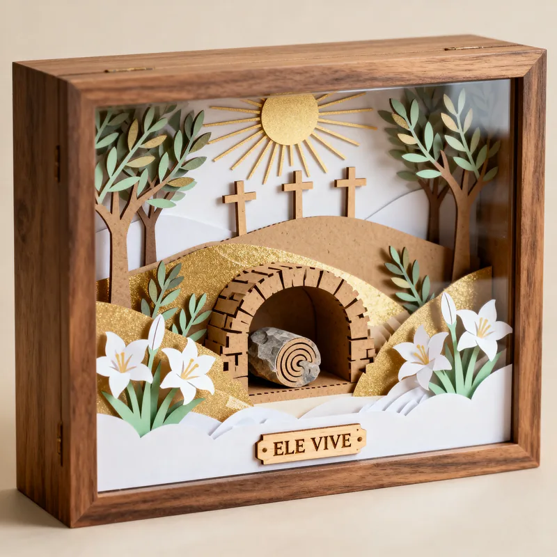 Ideia de quadro 3D de Páscoa cristã, com túmulo vazio, três cruzes, lírios e a placa “Ele vive”