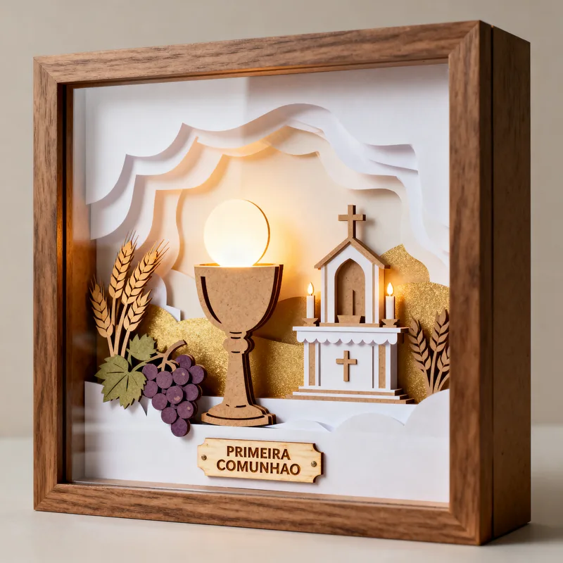 Ideia de quadro 3D de primeira comunhão, com cálice, uvas, trigo, capelinha e placa “Primeira comunhão”