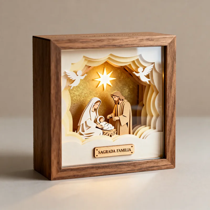Ideia de quadro 3D da Sagrada Família, com estrela, pombas e luz dourada