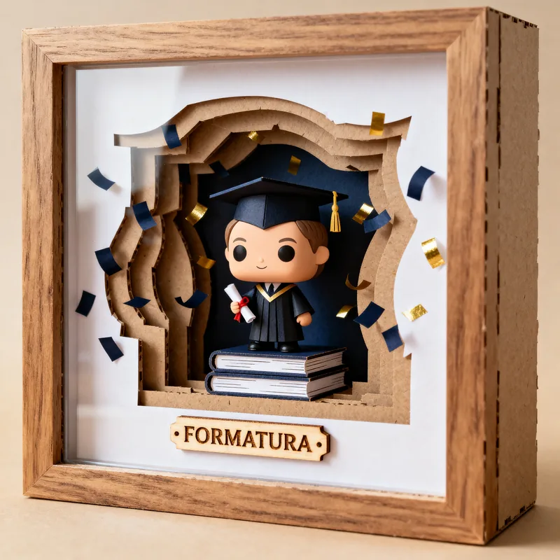 Ideia de quadro 3D de formatura, com boneco de beca, pilha de livros e confetes