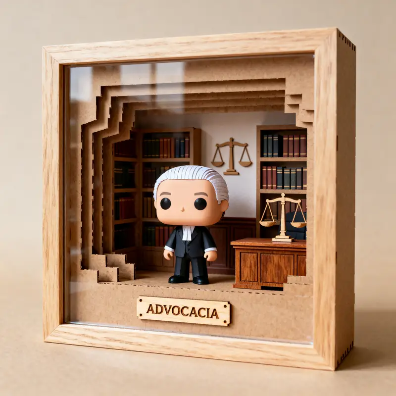 Ideia de quadro 3D em estilo boneco para advogado, com biblioteca e balança