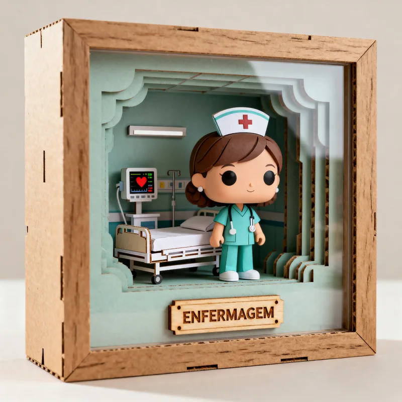 Ideia de quadro 3D em estilo boneco para enfermagem, com quarto de hospital e placa “Enfermagem”