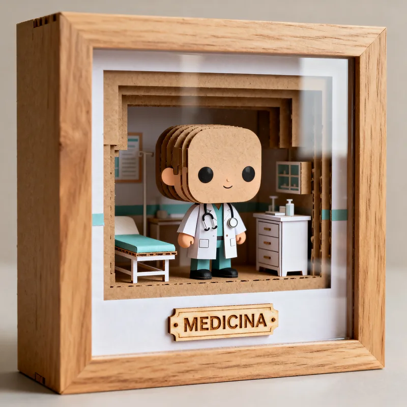 Ideia de quadro 3D em estilo boneco para medicina, com consultório, maca e placa “Medicina”