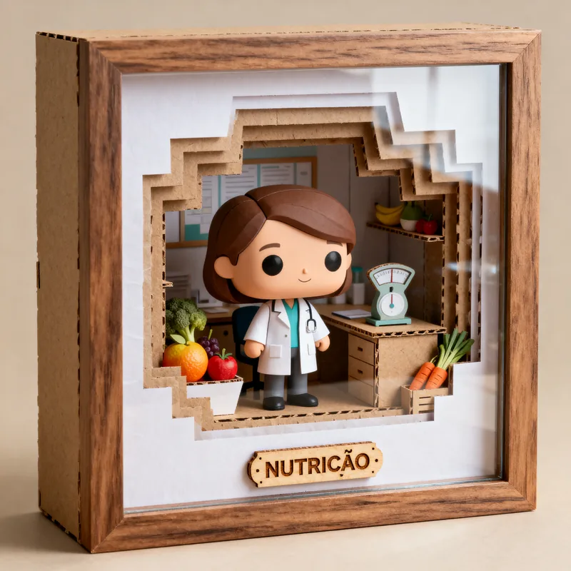 Ideia de quadro 3D em estilo boneco para nutrição, com frutas, legumes, balança e placa “Nutrição”