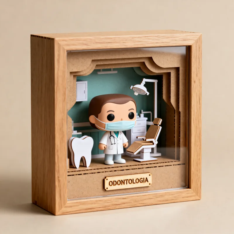 Ideia de quadro 3D em estilo boneco para odontologia, com cadeira de dentista, dente e placa “Odontologia”