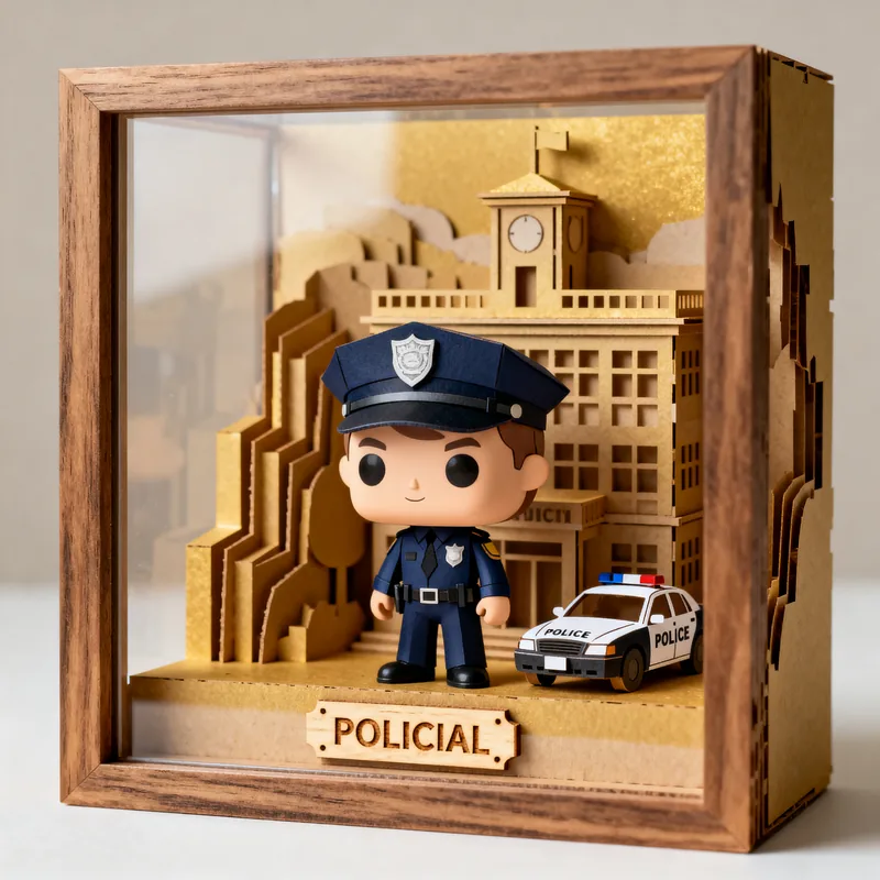 Ideia de quadro 3D em estilo boneco para policial, com viatura, prédio e placa “Policial”