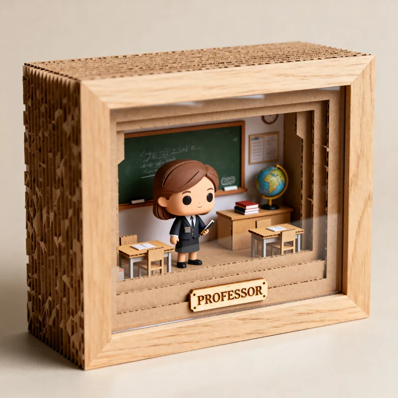 Ideia de quadro 3D em estilo boneco para professor, com sala de aula, lousa e placa “Professor”