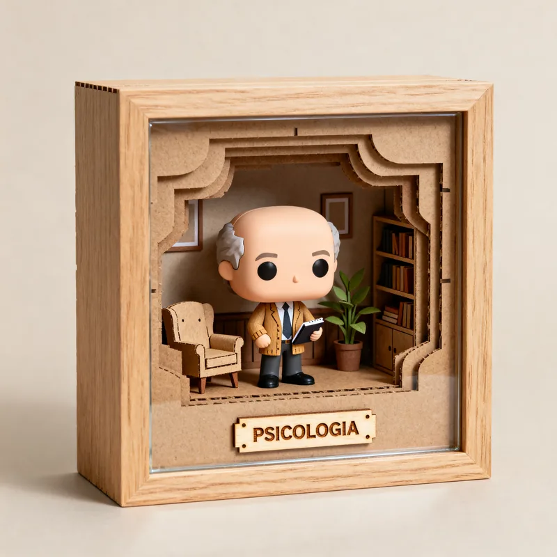 Ideia de quadro 3D em estilo boneco para psicologia, com consultório, poltrona e placa “Psicologia”