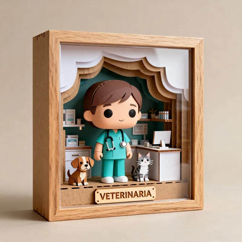 Ideia de quadro 3D em estilo boneco para veterinária, com cachorro, gato e placa “Veterinária”