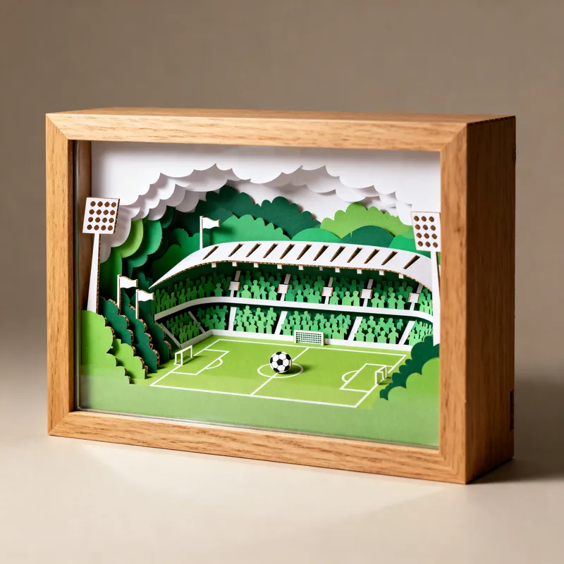 Ideia de quadro 3D com estádio de futebol em tons de verde, com gramado e arquibancadas