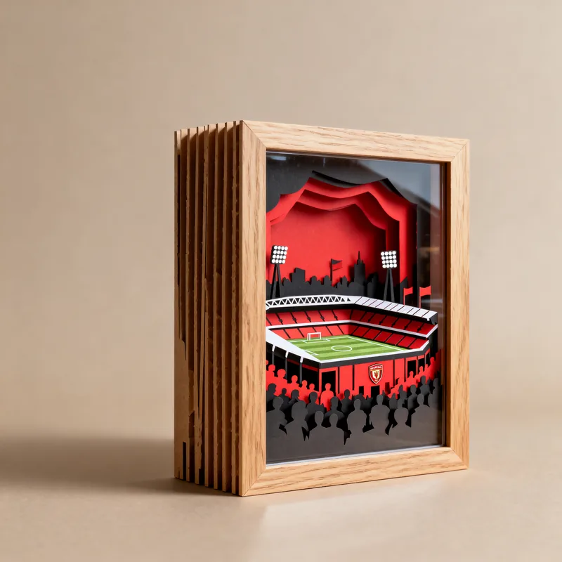 Ideia de quadro 3D com estádio de futebol e torcida em vermelho e preto