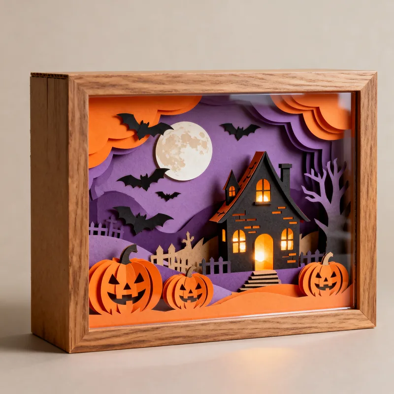 Ideia de quadro 3D de Halloween, com casa assombrada, morcegos, lua e abóboras