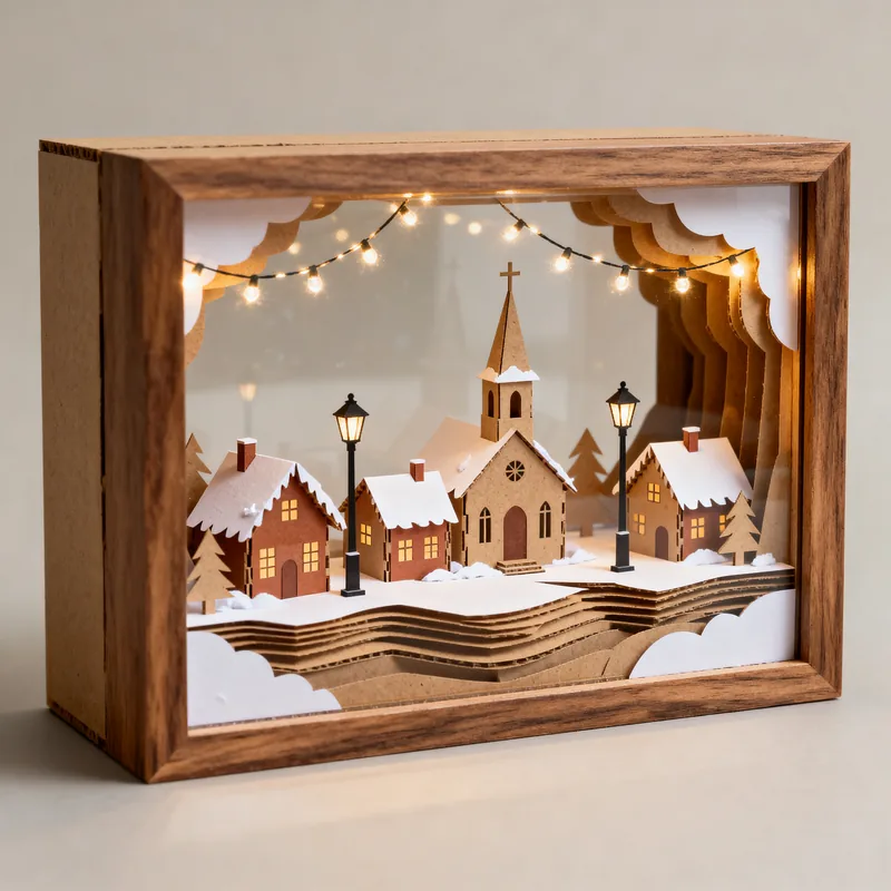Ideia de quadro 3D de vila natalina com igreja, casinhas, neve e luzinhas