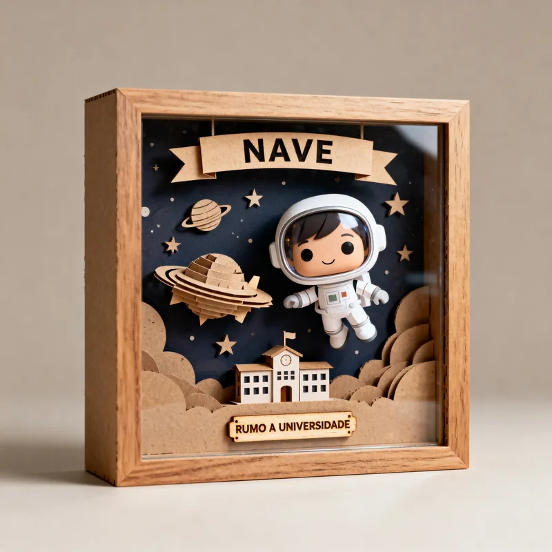 Ideia de quadro 3D para projeto de escola, com astronauta, planetas e a placa “Rumo à universidade”