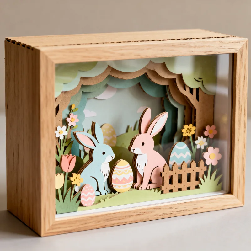 Ideia de quadro 3D de Páscoa, com coelhos, ovos coloridos, cerquinha e flores