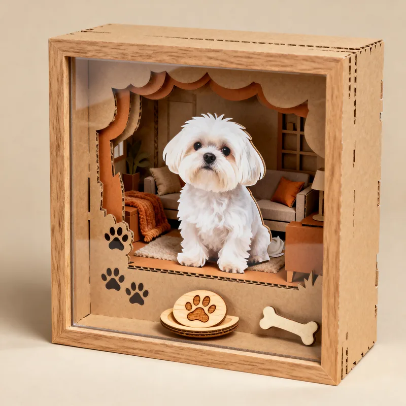 Ideia de quadro 3D para pet, com um cachorrinho branco, patinhas e ossinho