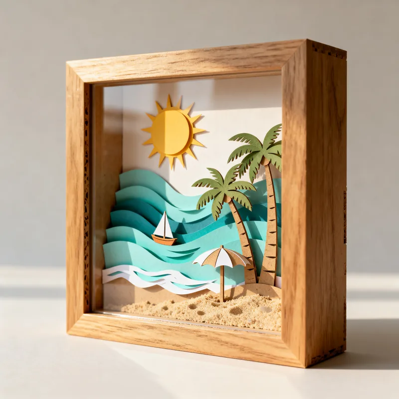 Ideia de quadro 3D de praia, com sol, coqueiros, ondas, guarda-sol e veleiro