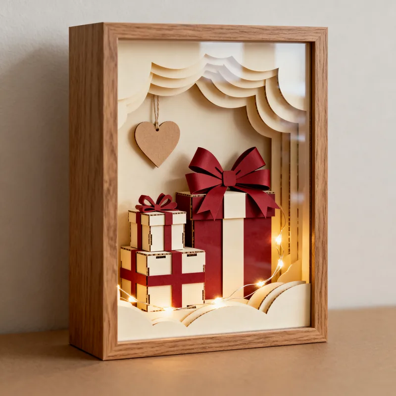 Ideia de quadro 3D com caixas de presente, laços vermelhos, coração e luzinhas