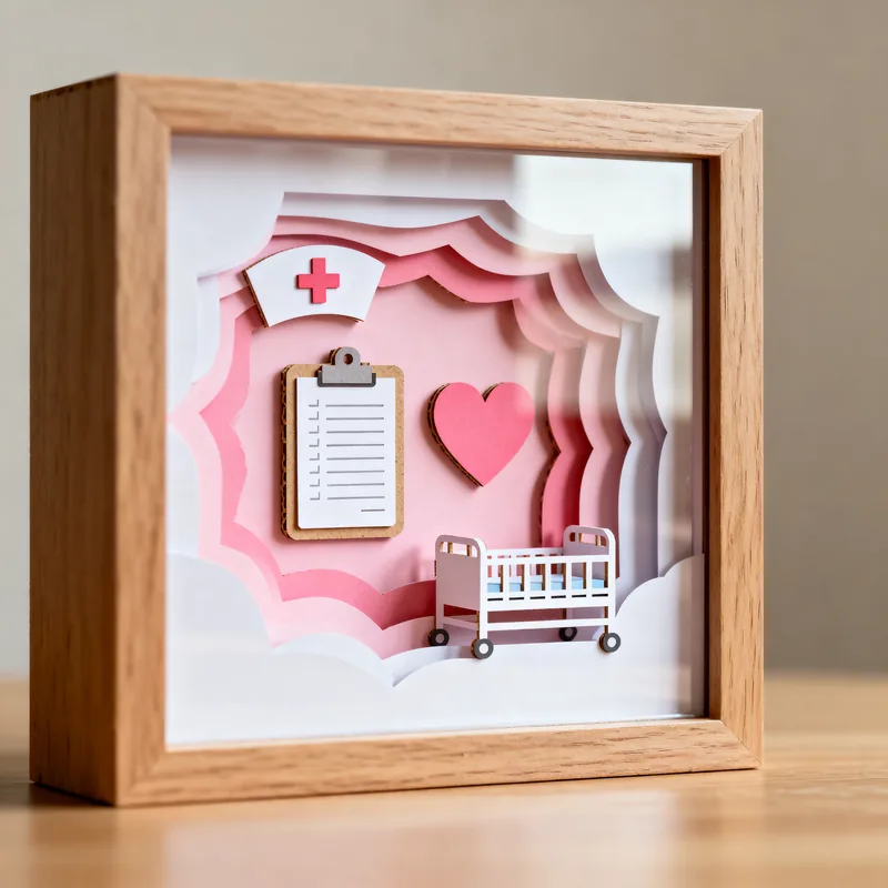Ideia de quadro 3D para enfermagem, com prancheta, coração e maca, sem boneco