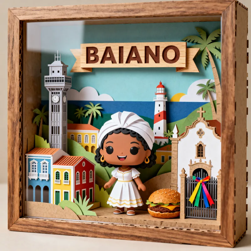 Ideia de quadro 3D com o tema baiano, com casario colorido, farol, igreja e baiana