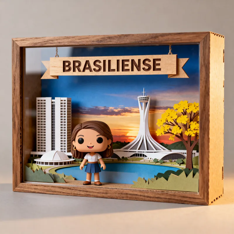 Ideia de quadro 3D com o tema brasiliense, com ponte, prédios modernos e pôr do sol no lago