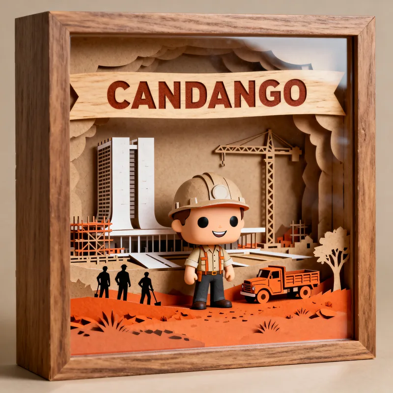 Ideia de quadro 3D com o tema candango, com a construção de Brasília, capacete e caminhão