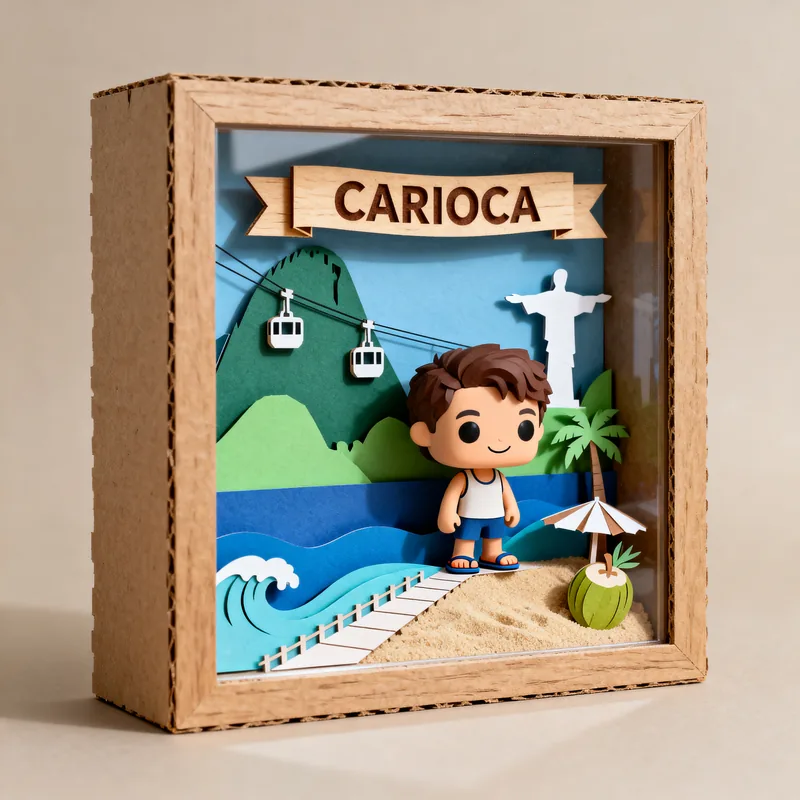 Ideia de quadro 3D com o tema carioca, com bondinho, Cristo Redentor, ondas e coco